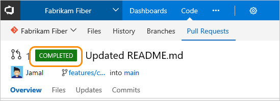 Ein Screenshot zeigt Pull-Request, Vervollständigung der Benachrichtigung.