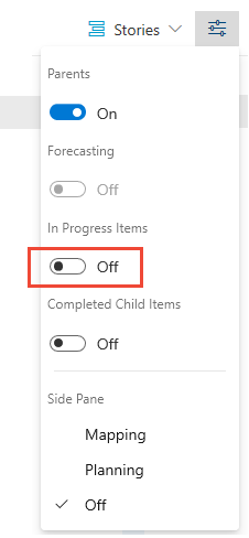 Screenshot zeigt Backlogs, Ansichtoptionen, Ausblenden der In-Progress-Sequenz.