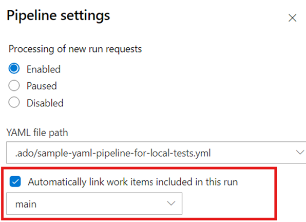 Screenshot des Dialogfelds „YAML-Pipelineeinstellungen“, das die Option „Neue Arbeitsaufgaben in diesem Build automatisch verknüpfen“ zeigt.