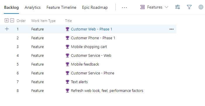Screenshot eines Funktions-Backlogs.