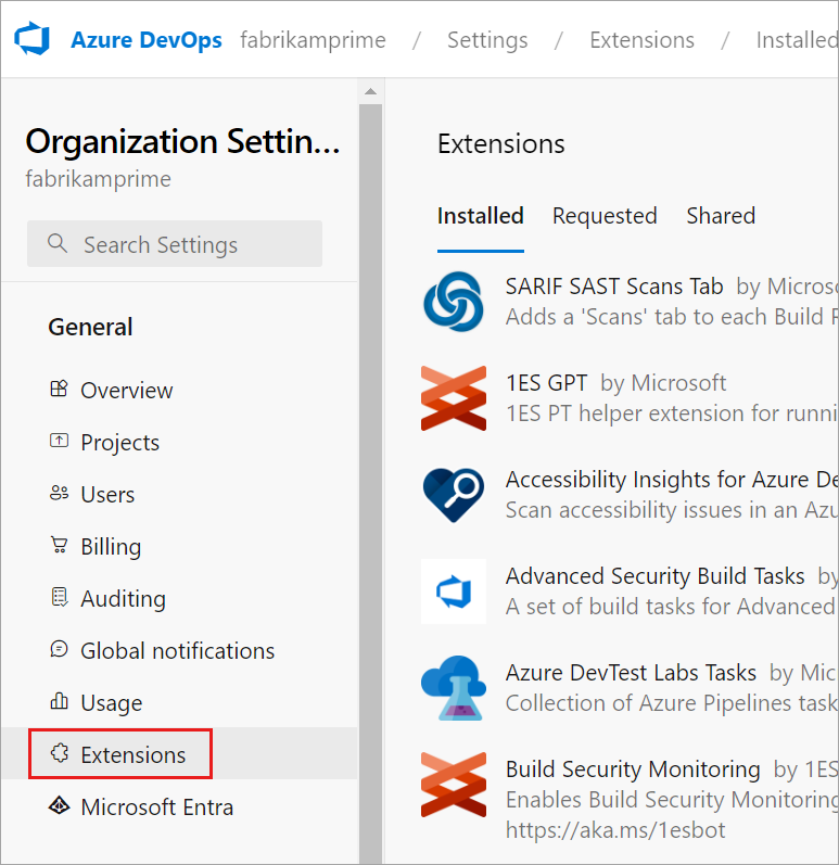 Screenshot der Seite Organisationseinstellungen, Erweiterungen.