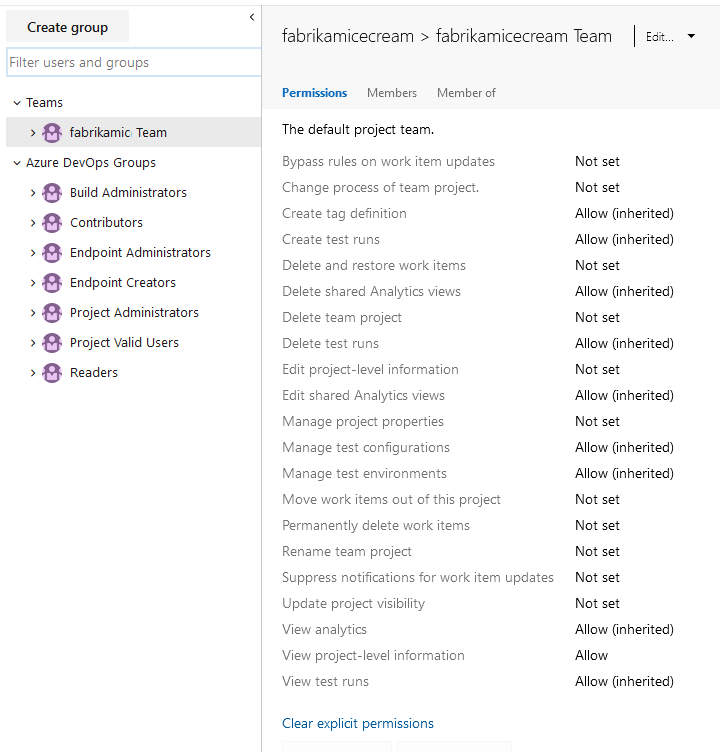 Screenshot von Gruppen und Berechtigungen auf Projektebene Azure DevOps current.