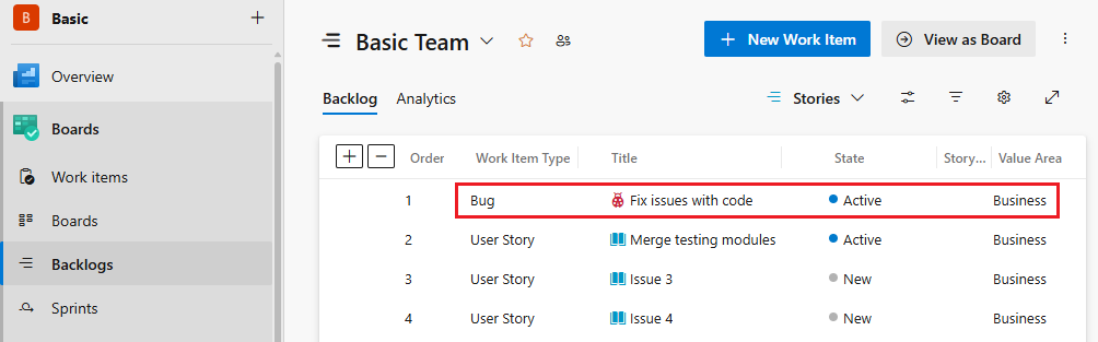 Screenshot des Team-Backlogs.