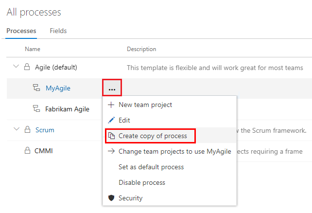 Screenshot, der zeigt, wie Sie die Kopieroption für einen ausgewählten Prozess auswählen.