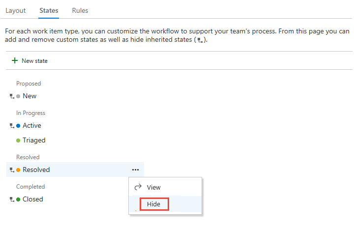 Screenshot eines Fehlertyps, bei dem ein Status ausgewählt ist und dessen Kontextmenü Ausblenden anzeigt.
