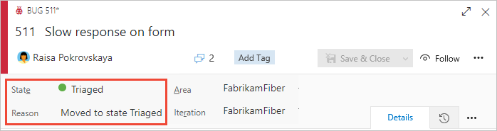 Screenshot des Formulars für das Arbeitselement Bug, Header-Bereich, hinzugefügter Status.