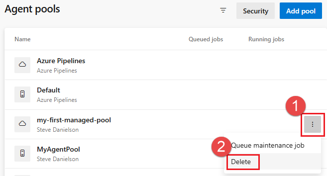 Screenshot, der zeigt, wie ein Agentpool gelöscht wird.