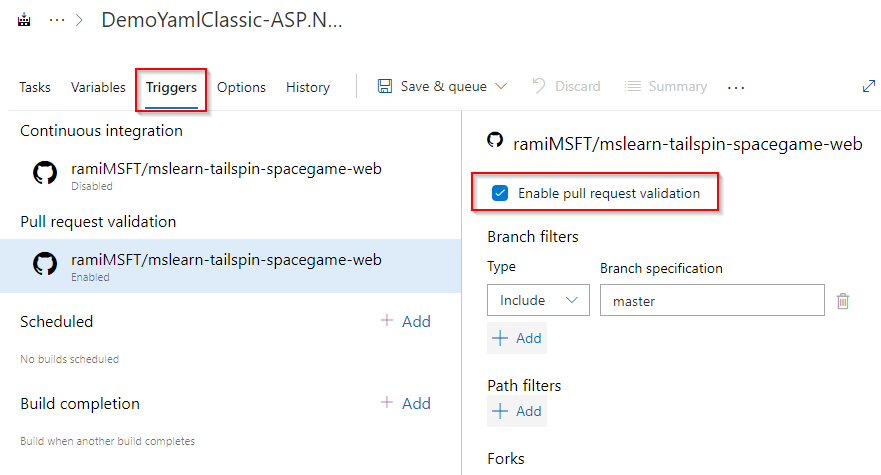 Screenshot, der zeigt, wie die Überprüfung der Pullanforderung aktiviert wird.