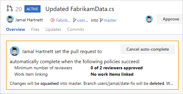 Screenshot eines PRs im automatischen Vervollständigungsmodus.
