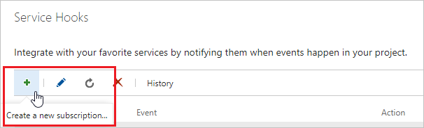 Wählen Sie das grüne Pluszeichen aus, um ein neues Service hook-Abonnement zu erstellen.
