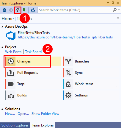 Screenshot: Option „Änderungen“ in Team Explorer in Visual Studio&nbsp;2019.