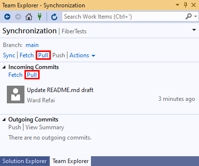 Ein Screenshot des Pull-Links in der Synchronisierungsansicht des Team Explorer in Visual Studio 2019.