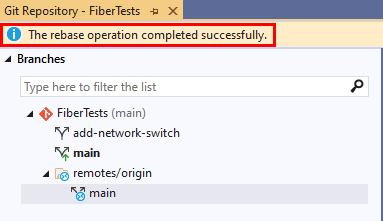 Screenshot der Bestätigungsmeldung für die Neubasis im Git-Repositoryfenster von Visual Studio.