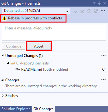 Screenshot der Rebase-Konfliktmeldung im Git-Repositoryfenster von Visual Studio.