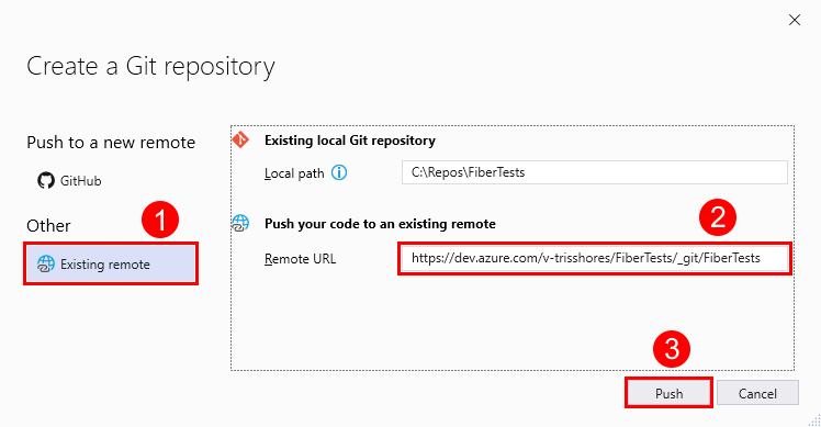 Screenshot des Fensters „Git-Repository erstellen“ mit der URL eines leeren Azure-Repositorys in Visual Studio&nbsp;2019.