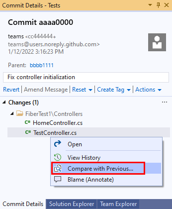 Screenshot der Option „Mit vorherigem vergleichen“ im Fenster „Commitdetails“ in Visual Studio&nbsp;2019.
