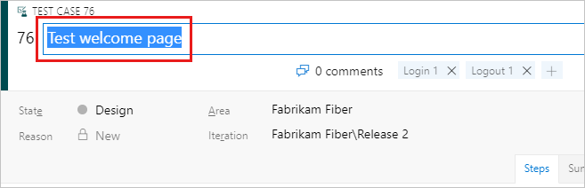 Screenshot eines Testfalls, dessen Name zur Bearbeitung ausgewählt wurde.