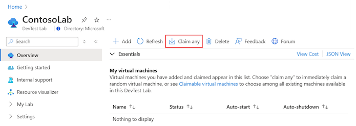 Screenshot, das zeigt, wie man DevTest Labs anweist, einen beliebigen virtuellen Computer zu beanspruchen.