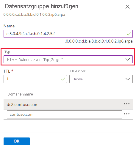 Screenshot: Erstellen eines IPv6-Zeigereintrags