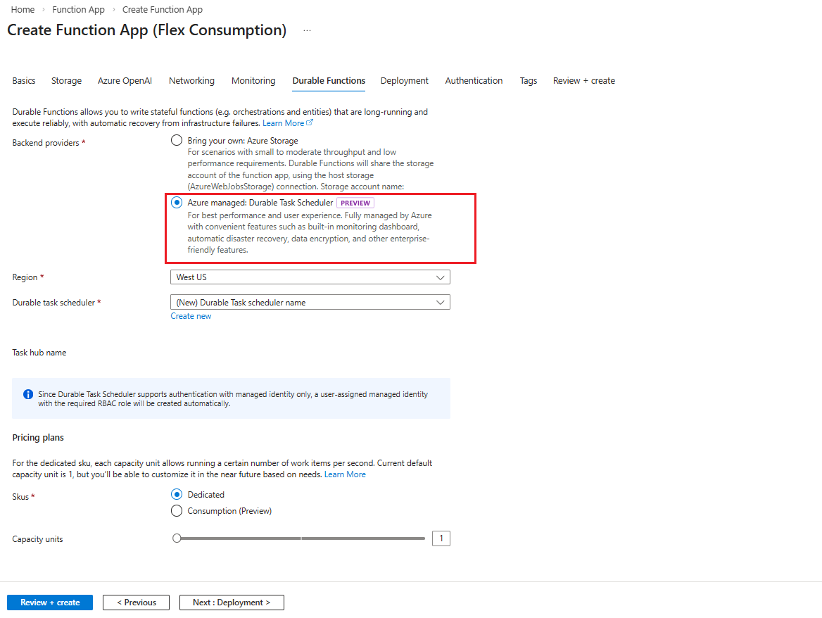 Screenshot der Erstellung einer Flex Consumption Function-App.