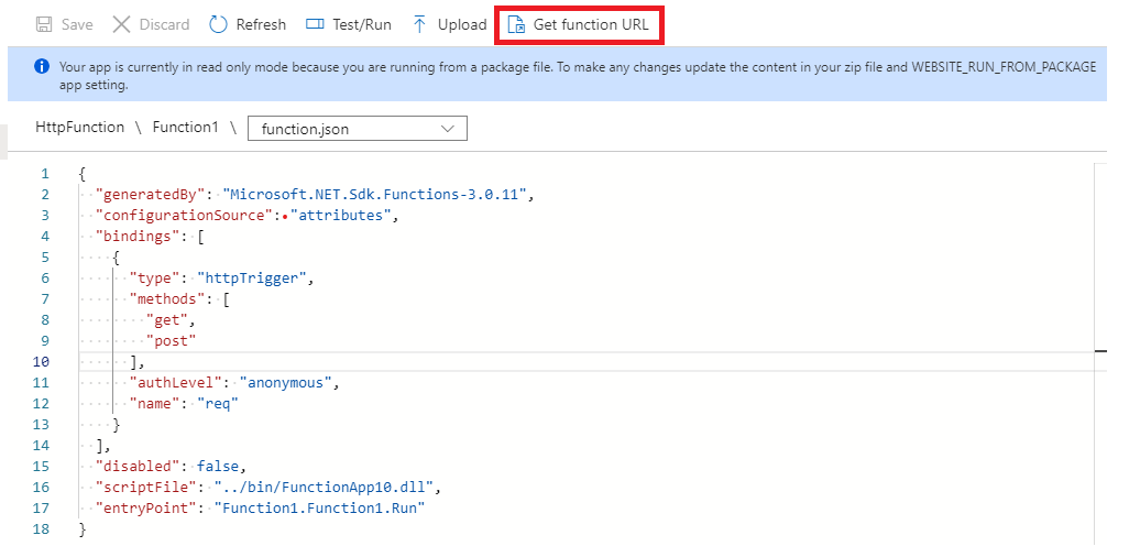 Screenshot der Azure-Funktions-URL, die als Event Grid-Ereignisabonnementendpunkt im Azure-Portal verwendet wird.