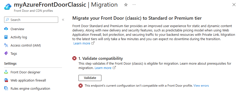 Screenshot der fehlgeschlagenen Validierungsphase des Profils für Azure Front Door (klassisch).