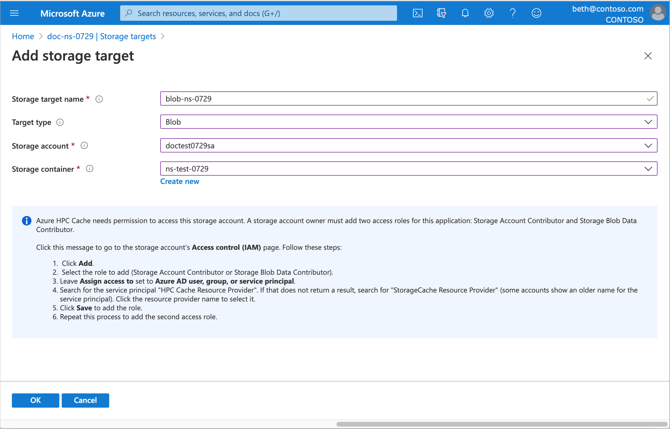 Screenshot der Seite zum Hinzufügen von Speicherzielen, aufgefüllt mit Informationen für ein neues Azure Blob Storage-Ziel