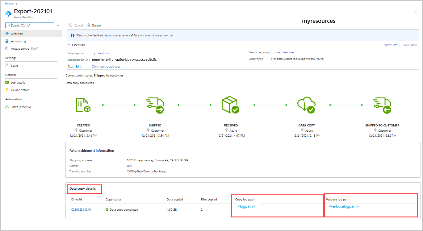 Screenshot eines abgeschlossenen Exportauftrags in Azure Import/Export. In „Datenkopierdetails“ ist der „Pfad des Kopierprotokolls“ und der „Pfad des ausführlichen Protokolls“ hervorgehoben.