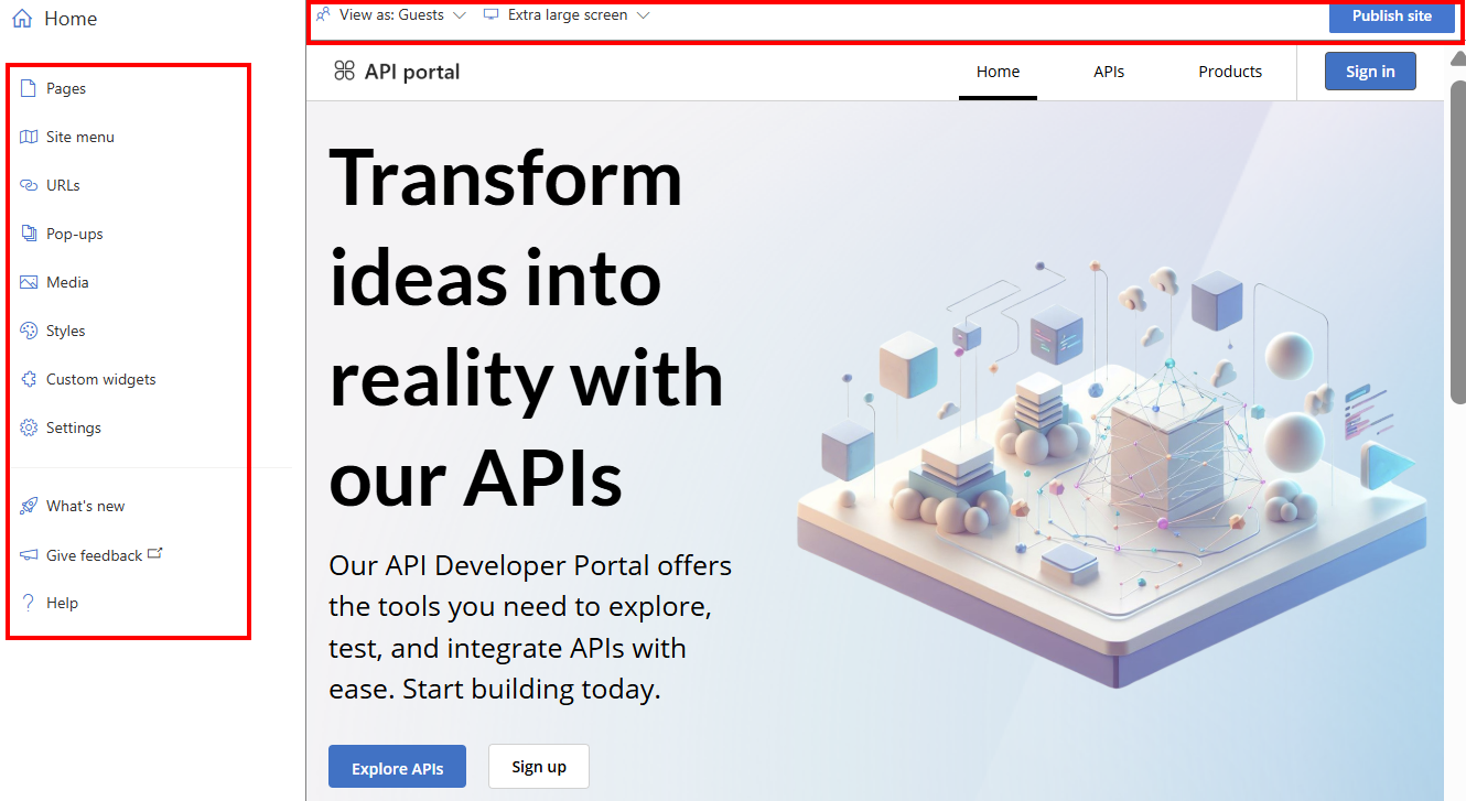 Screenshot: Visueller Editor im Entwicklerportal