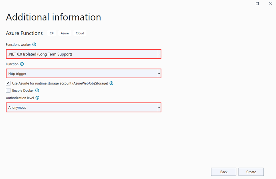 Screenshot der Azure Functions-Projekteinstellungen