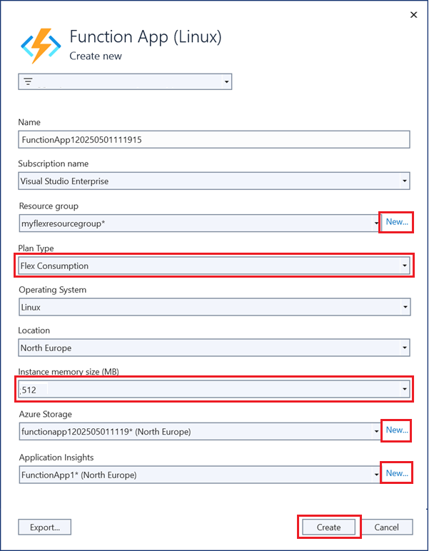 Screenshot des Dialogfelds „Funktions-App erstellen“, Felder für den Namen, das Abonnement, die Ressourcengruppe, den Plan und andere Einstellungen werden ausgefüllt.