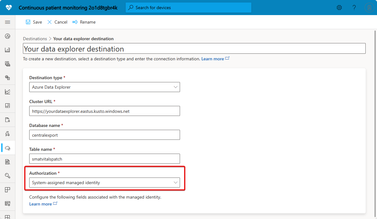 Screenshot des Azure Data Explorer-Exportziels, das eine verwaltete Identität verwendet.