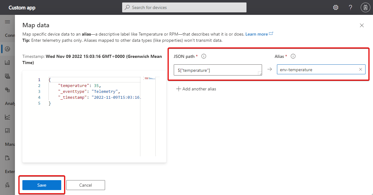 Screenshot der Ansicht **Daten Zuordnen** mit Json-Pfad und Alias