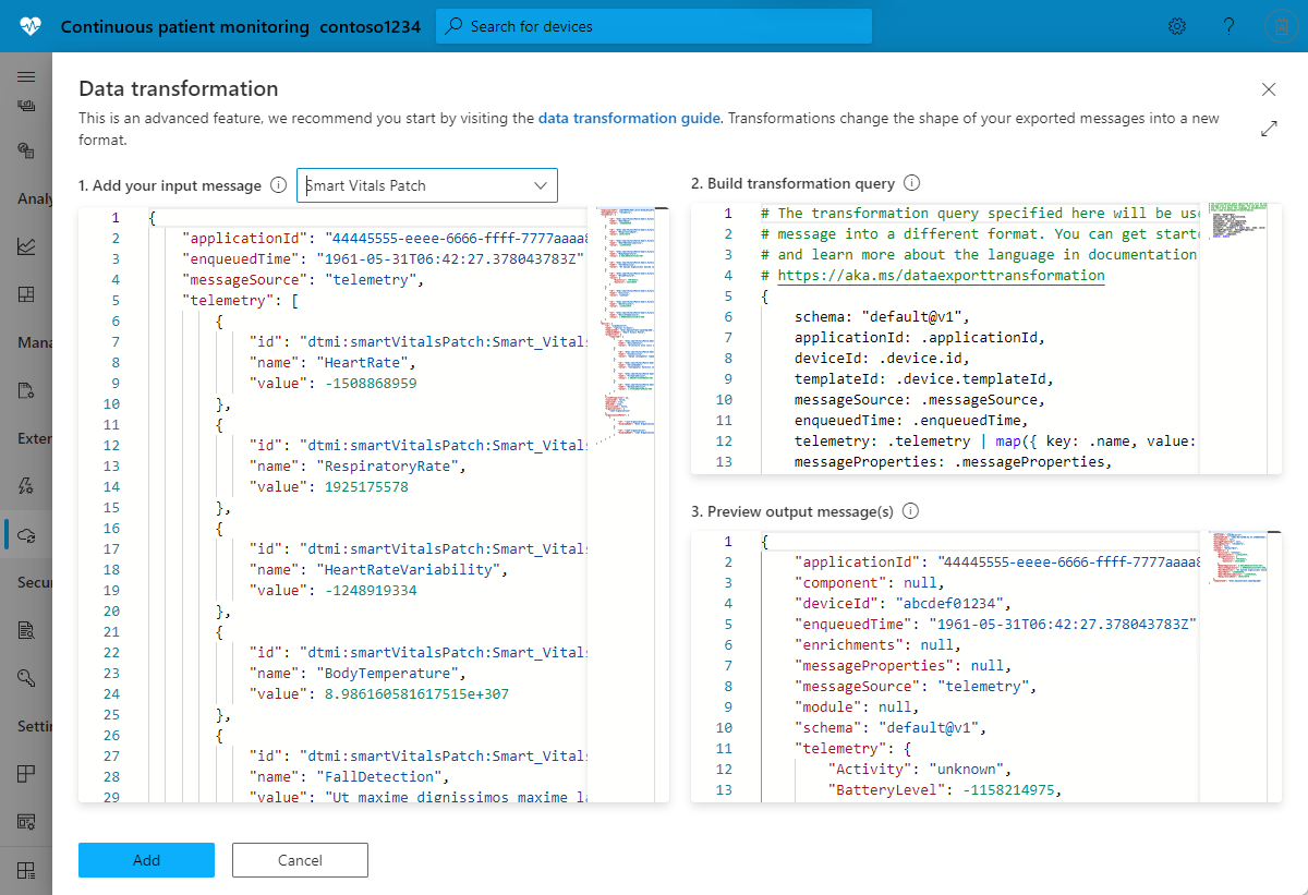 Screenshot des Transformations-Editors in IoT Central.