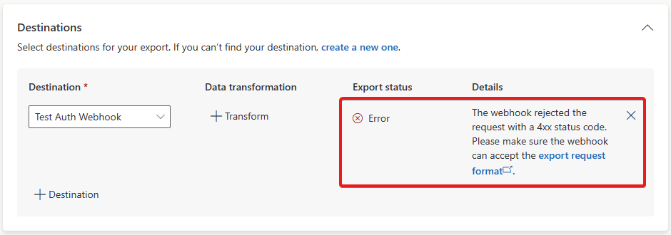 Screenshot, das einen Exportfehler beispielhaft zeigt.