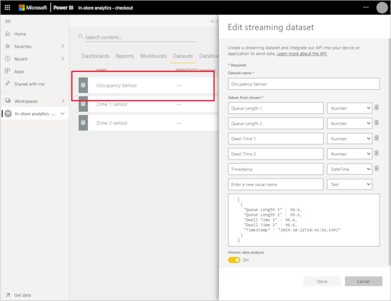 Screenshot der Definition des Belegungsdatensatzes in Power BI.