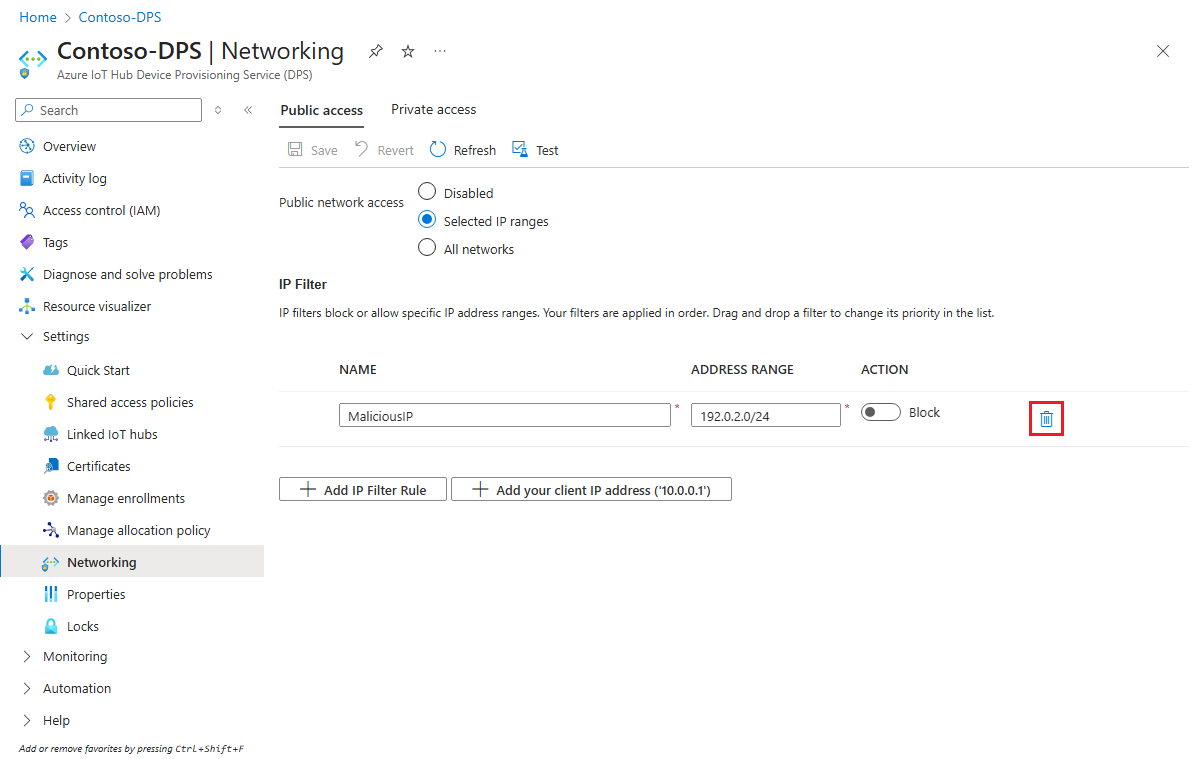 Screenshot, der zeigt, wie Eine IP-Filterregel für eine IoT DPS-Instanz im Azure-Portal gelöscht wird.