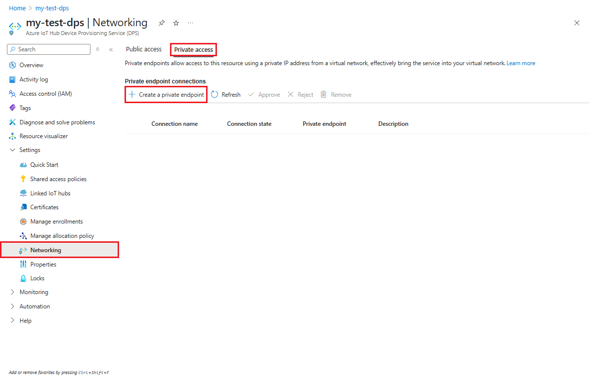 Screenshot, der das Hinzufügen eines neuen privaten Endpunkts für eine DPS-Instanz im Azure-Portal zeigt.
