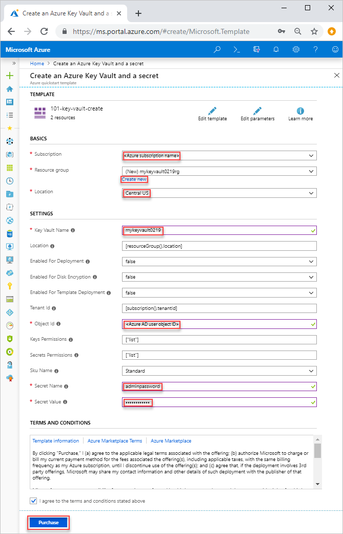 ARM-Vorlage, Key Vault-Integration, Bereitstellungsportal