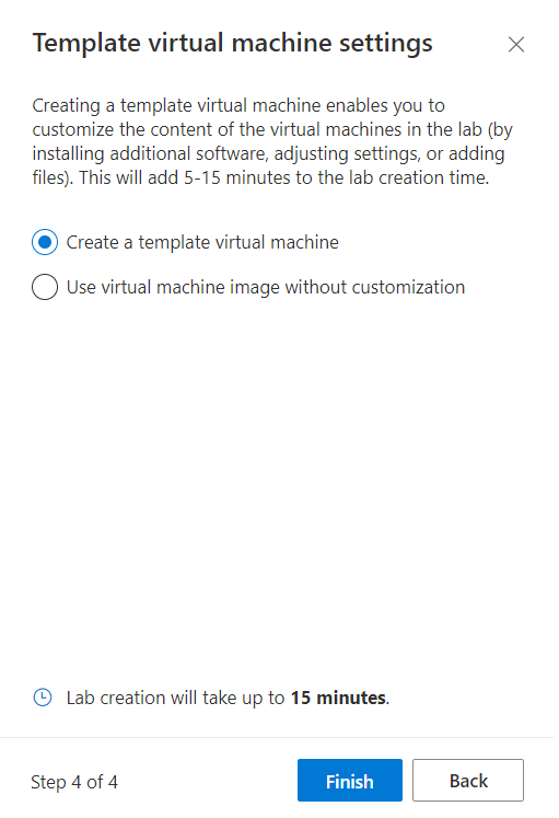 Screenshot: Fenster mit den Einstellungen für den virtuellen Vorlagencomputer beim Erstellen eines neuen Azure&nbsp;Lab&nbsp;Services-Labs