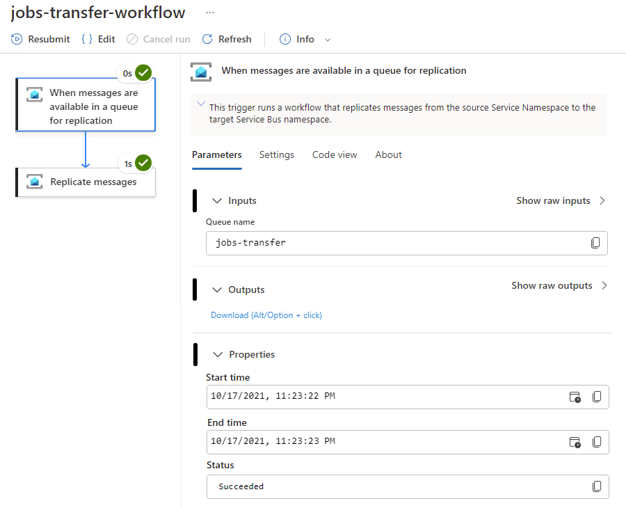 Der Screenshot zeigt die Ausführungsdetails des Workflows mit den Eingaben, Ausgaben und Eigenschaften des Triggers.