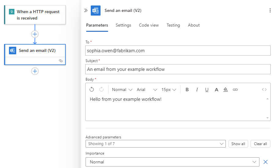 Screenshot zeigt Informationen für die Office 365 Outlook-Aktion mit dem Namen 