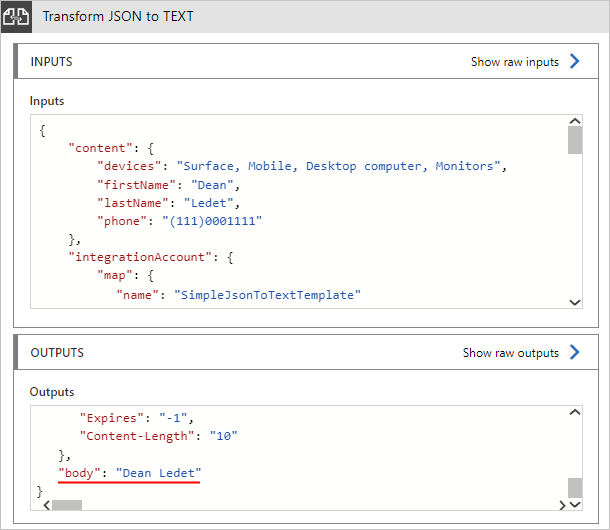 Screenshot mit Beispielausgabe für die Umwandlung von JSON in Text.