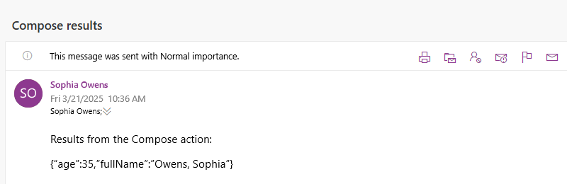 Screenshot der E-Mail mit den Ergebnissen der Aktion „Compose“.