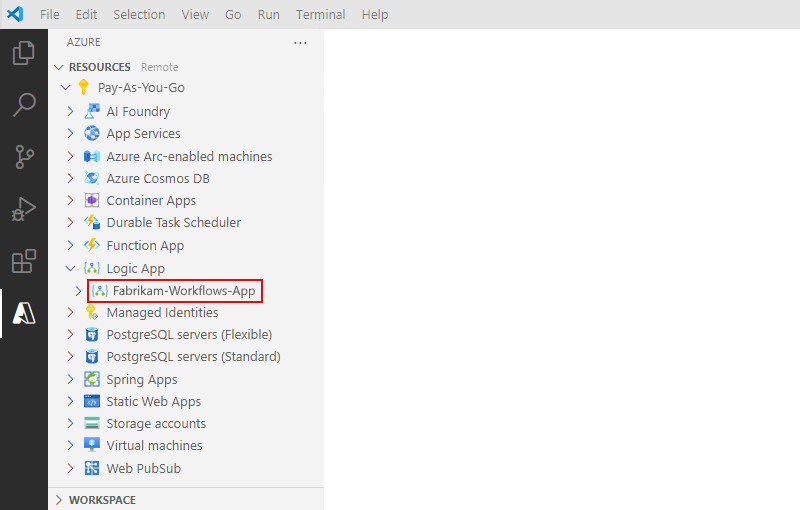 Der Screenshot zeigt Visual Studio Code mit dem Ressourcenabschnitt und der bereitgestellten Standard-Logik-App-Ressource.