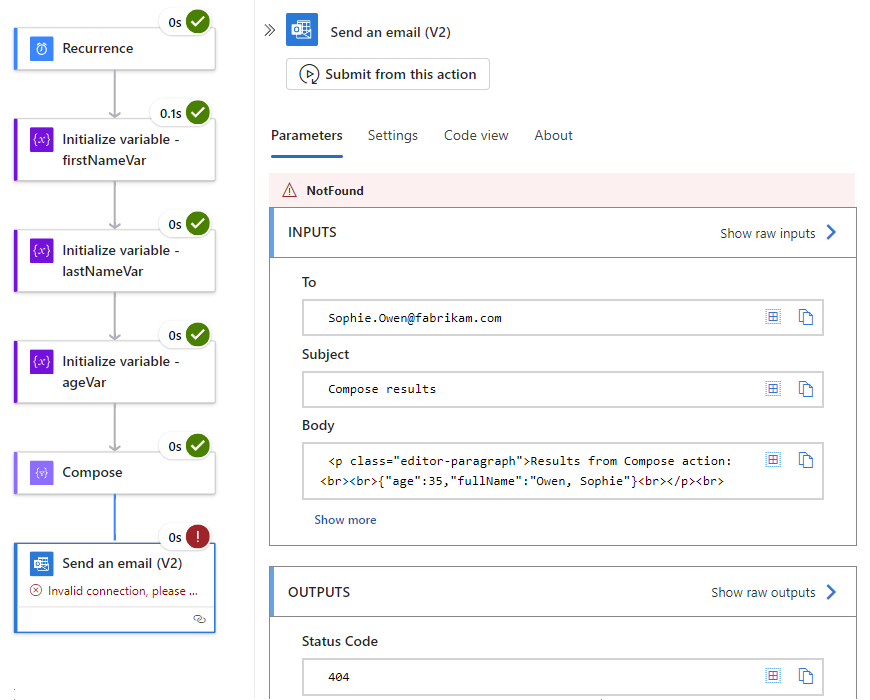 Screenshot zeigt die Seite „Verlauf der Ausführung des Verbrauchsworkflows” mit ausgewähltem fehlgeschlagenem Beispielschritt sowie Eingaben, Ausgaben und Fehlern für den fehlgeschlagenen Schritt.
