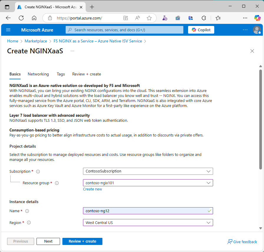 Screenshot des Bereichs „Grundlagen“ der NGINXaaS-Erstellungserfahrung.