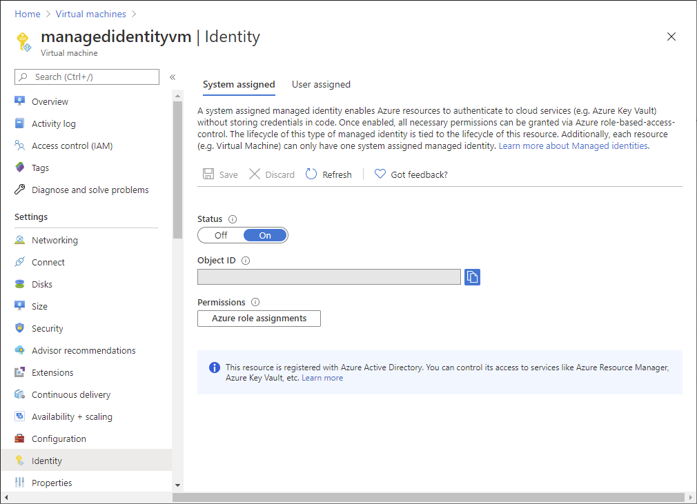 Screenshot: systemseitig zugewiesene verwaltete Identität