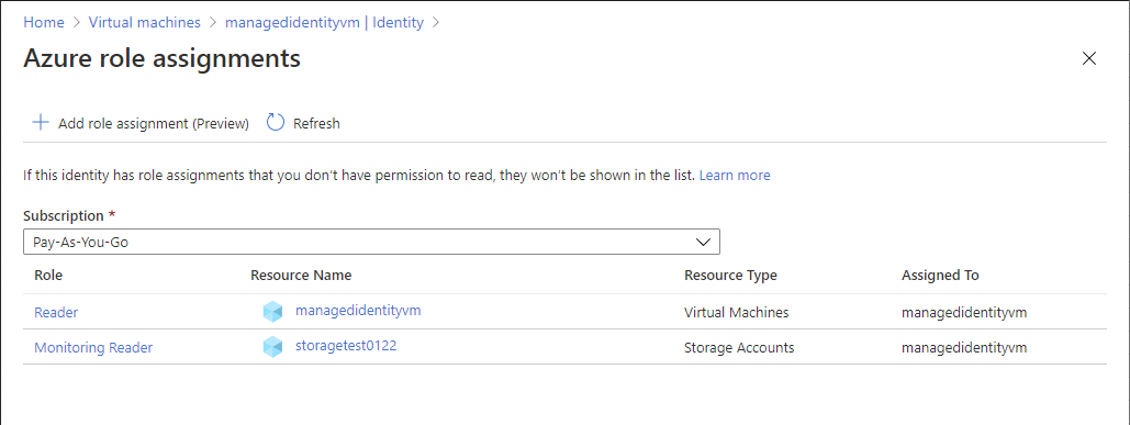 Screenshot: Rollenzuweisungen für eine systemseitig zugewiesene verwaltete Identität
