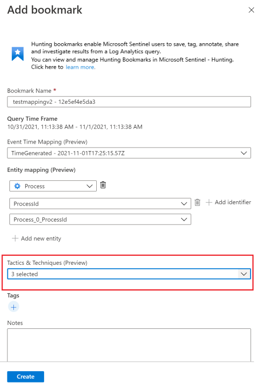 Screenshot, wie man Mitre Attack-Taktiken und -Techniken zu Lesezeichen zuordnet.